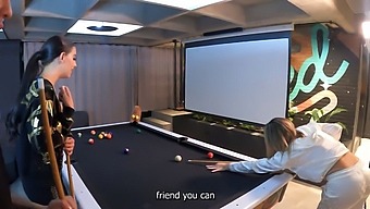 Three Stunning Latinas Indulge In Lesbian Fun On A Pool Table