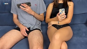 Stepbrother Joins Stepsister In Watching Porn And Masturbating, But She Surprises Him With A Handjob And Facial Cumshot